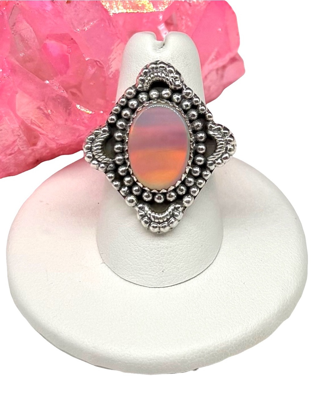Aurora Fire Opal Ring Size 7 Solid 925 Sterling Silver Pink Aura Stone
